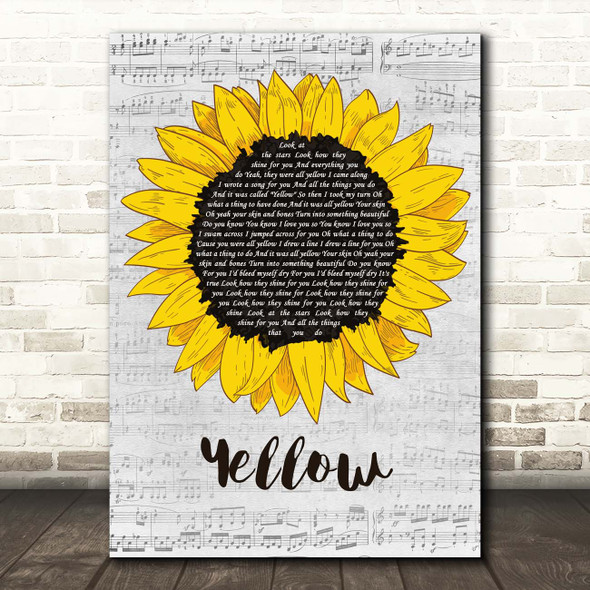 Coldplay Yellow Grey Script Sunflower Song Lyric Print