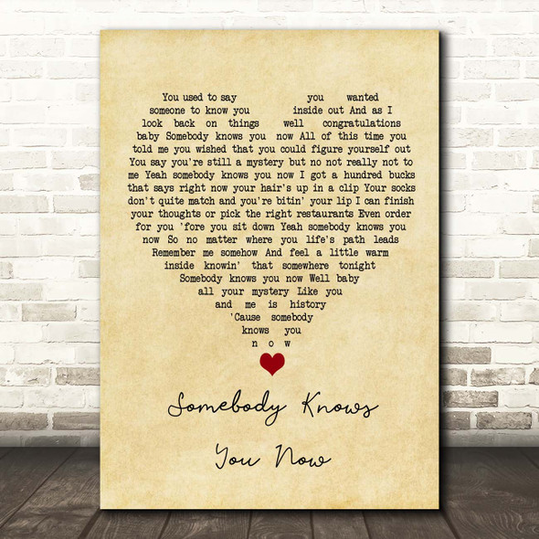 Brad Paisley Somebody Knows You Now Vintage Heart Song Lyric Print