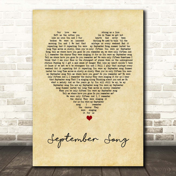 JP Cooper September Song Vintage Heart Song Lyric Print