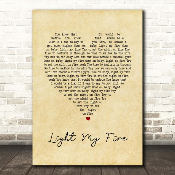 The Doors Light My Fire Vintage Heart Song Lyric Print