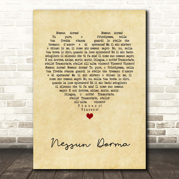 Andrea Bocelli Nessun Dorma Vintage Heart Song Lyric Print