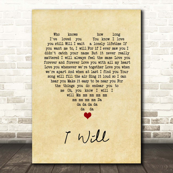 The Beatles I Will Vintage Heart Song Lyric Print