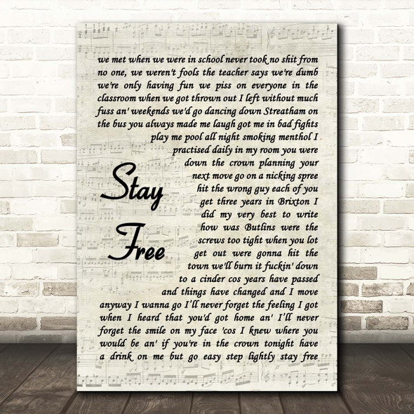 The Clash Stay Free Vintage Script Song Lyric Print