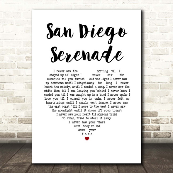 Tom Waits San Diego Serenade White Heart Song Lyric Print