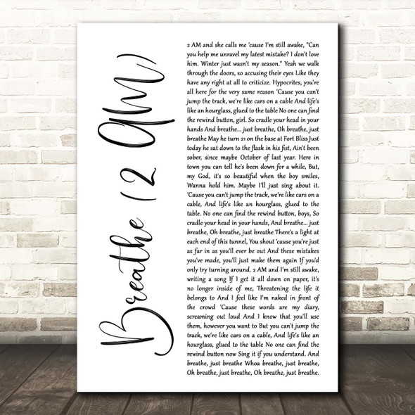 Anna Nalick Breathe (2 AM) White Script Song Lyric Print