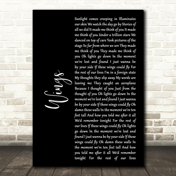 Birdy Wings Black Script Song Lyric Quote Print