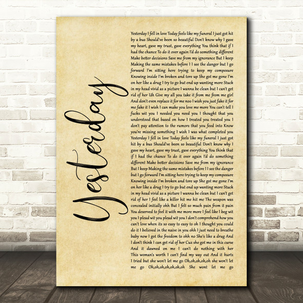 Diddy - Dirty Money feat. Chris Brown Yesterday Rustic Script Song Lyric Music Art Print