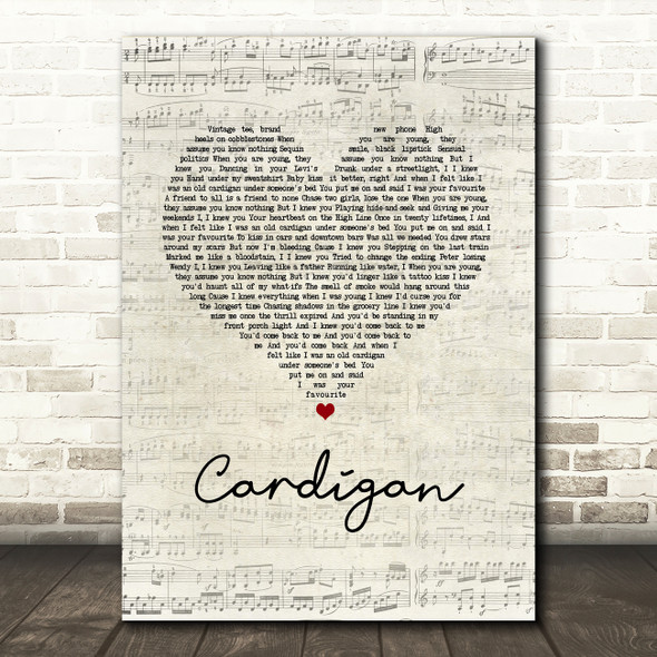 Taylor Swift Cardigan Script Heart Song Lyric Music Art Print