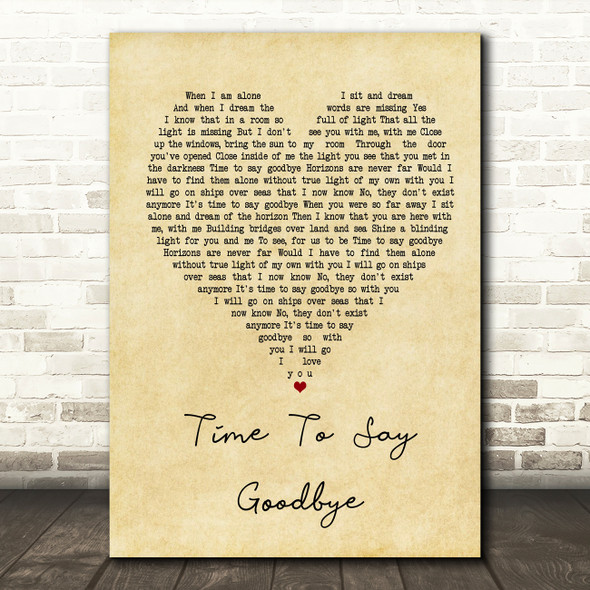 Sarah Brightman Time To Say Goodbye Vintage Heart Song Lyric Quote Print