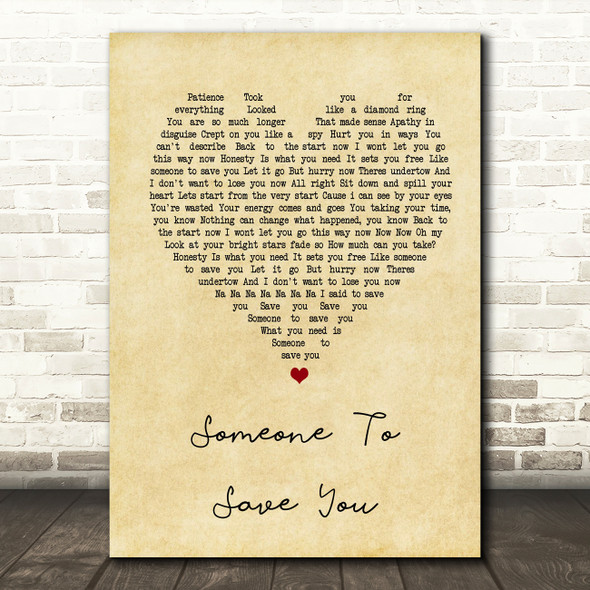 OneRepublic Someone To Save You Vintage Heart Song Lyric Quote Print