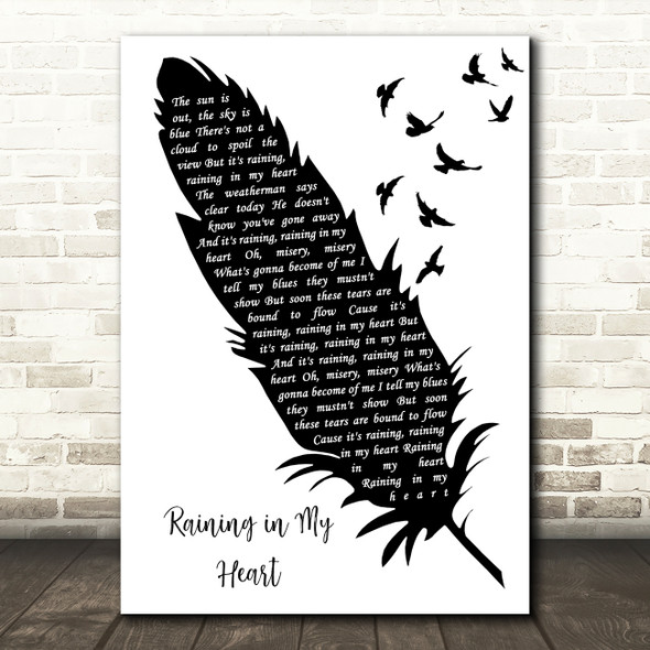 Buddy Holly Raining in My Heart Black & White Feather & Birds Song Lyric Art Print