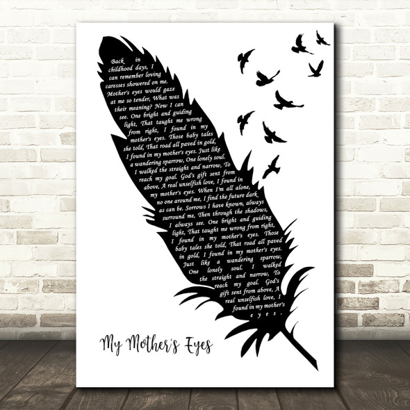 Frankie Valli My Mother's Eyes Black & White Feather & Birds Song Lyric Art Print