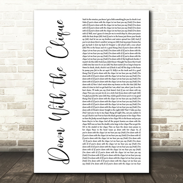 Aaliyah Down With the Clique White Script Song Lyric Art Print