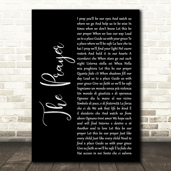 Celine Dion & Andrea Bocelli The Prayer Black Script Song Lyric Art Print