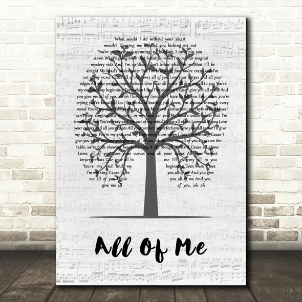 John Legend All Of Me Music Script Tree Song Lyric Art Print