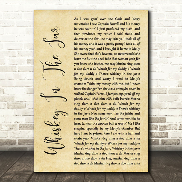 Metallica Whiskey In The Jar Rustic Script Song Lyric Art Print