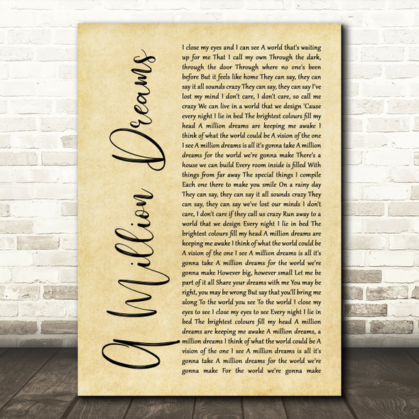 The Greatest Showman A Million Dreams Rustic Script Song Lyric Art Print