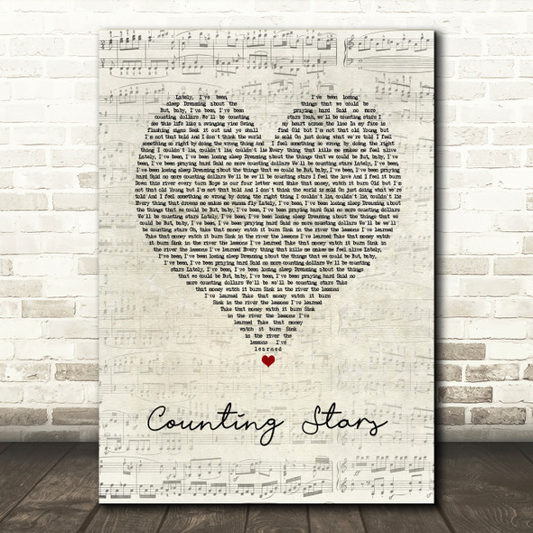 OneRepublic Counting Stars Script Heart Song Lyric Art Print