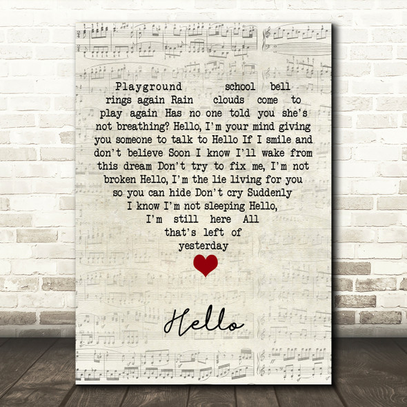 Evanescence Hello Script Heart Song Lyric Art Print