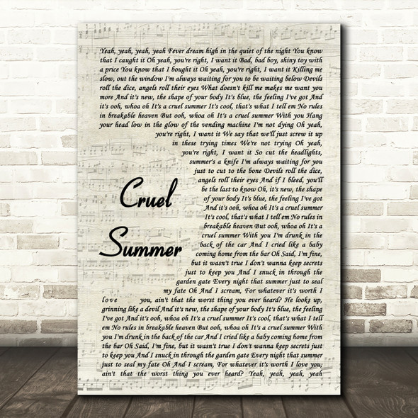 Taylor Swift Cruel Summer Vintage Script Song Lyric Art Print