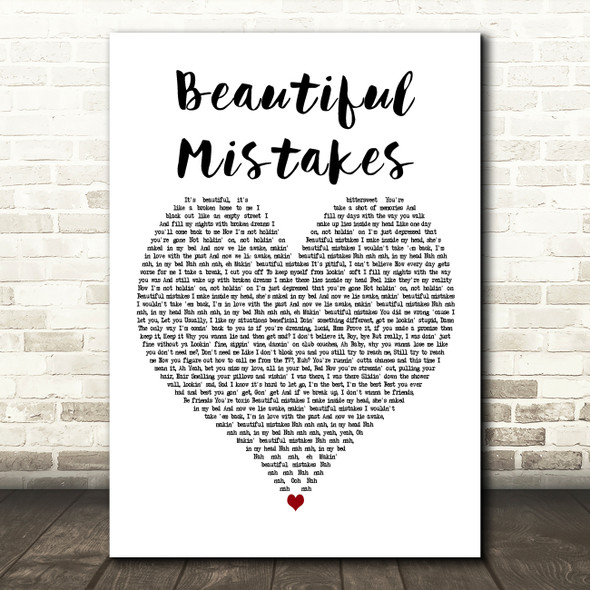 Maroon 5 & Megan Thee Stallion Beautiful Mistakes White Heart Wall Art Song Lyric Print