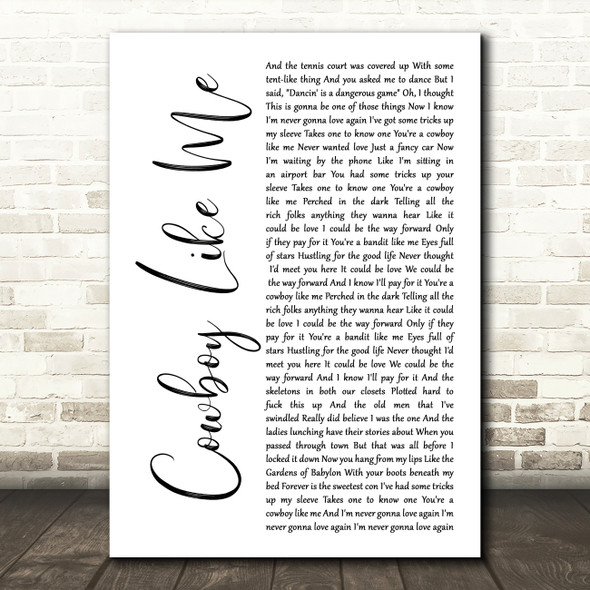 Taylor Swift Cowboy Like Me White Script Decorative Wall Art Gift Song Lyric Print