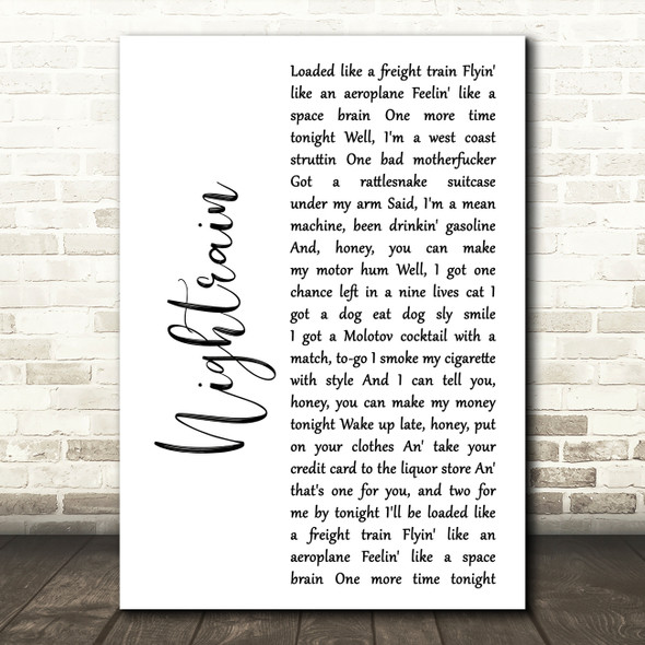 Guns N Roses Nightrain White Script Decorative Wall Art Gift Song Lyric Print