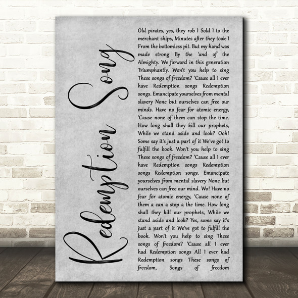 Bob Marley Redemption Song Grey Rustic Script Decorative Wall Art Gift Song Lyric Print