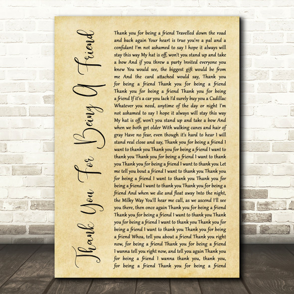 Andrew Gold Thank You For Being A Friend Rustic Script Decorative Gift Song Lyric Print