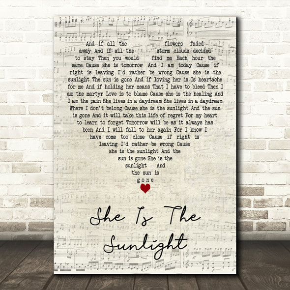 Trading Yesterday She Is The Sunlight Script Heart Decorative Wall Art Gift Song Lyric Print