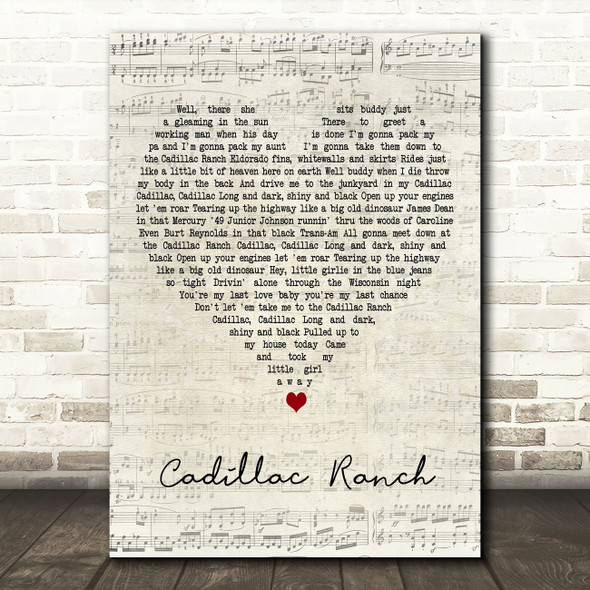 Bruce Springsteen Cadillac Ranch Script Heart Decorative Wall Art Gift Song Lyric Print