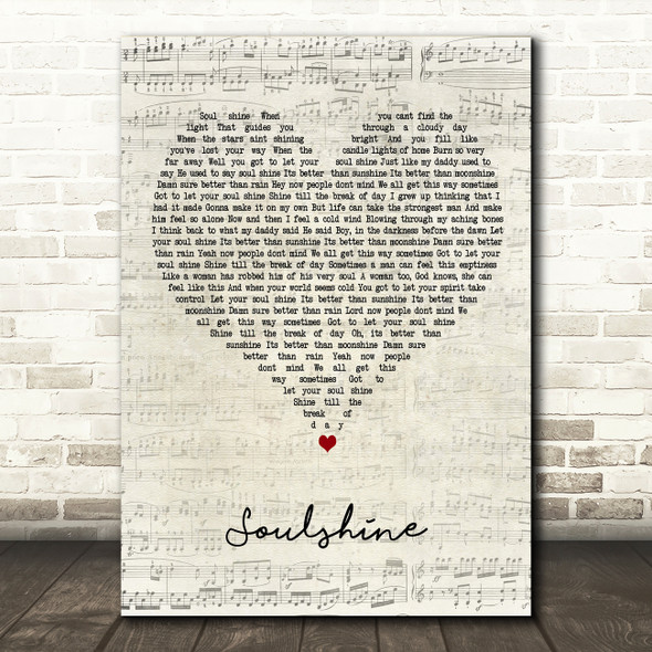 Allman Brothers Band Soulshine Script Heart Decorative Wall Art Gift Song Lyric Print