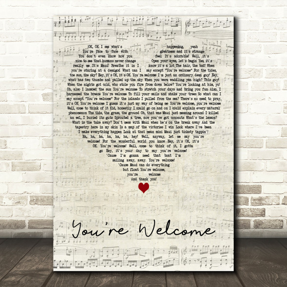 Disney's Moana You're Welcome Script Heart Decorative Wall Art Gift Song Lyric Print