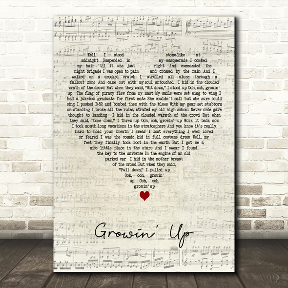 Bruce Springsteen Growin' Up Script Heart Decorative Wall Art Gift Song Lyric Print