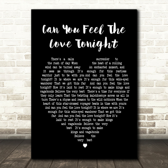 Can You Feel The Love Tonight Elton John Black Heart Song Lyric Quote Print