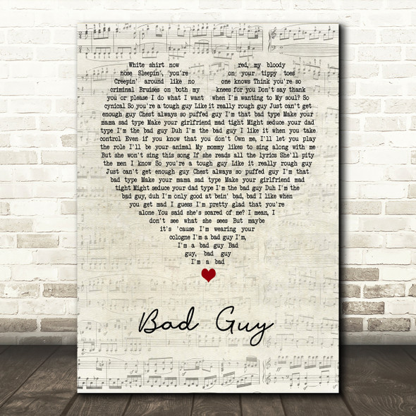 Billie Eilish Bad Guy Script Heart Decorative Wall Art Gift Song Lyric Print