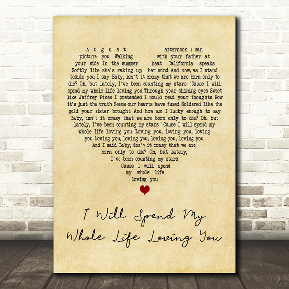 Kina Grannis Featuring Imaginary Future I Will Spend My Whole Life Loving You Vintage Heart Wall Art Song Lyric Print