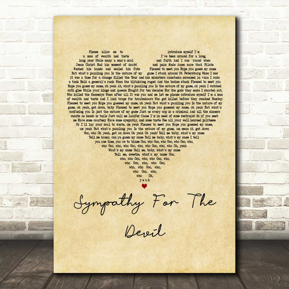 The Rolling Stones Sympathy For The Devil Vintage Heart Decorative Wall Art Gift Song Lyric Print