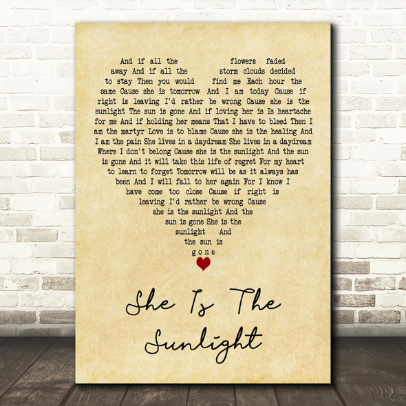 Trading Yesterday She Is The Sunlight Vintage Heart Decorative Wall Art Gift Song Lyric Print