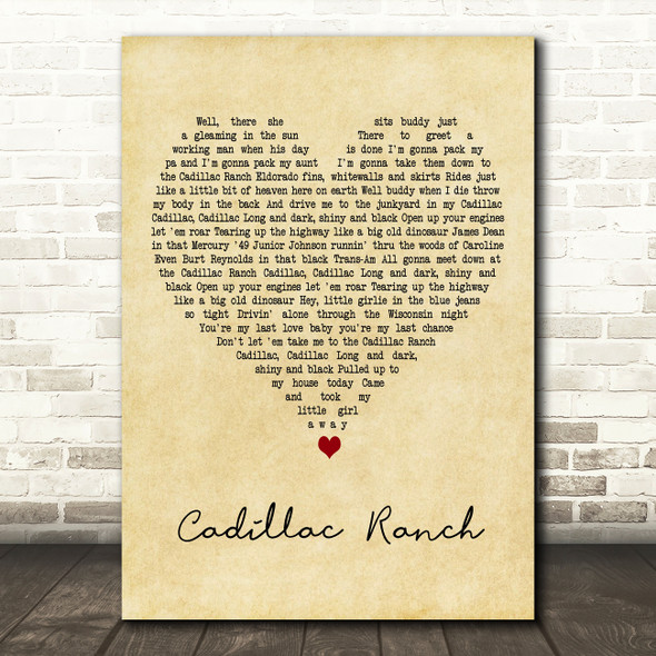 Bruce Springsteen Cadillac Ranch Vintage Heart Decorative Wall Art Gift Song Lyric Print