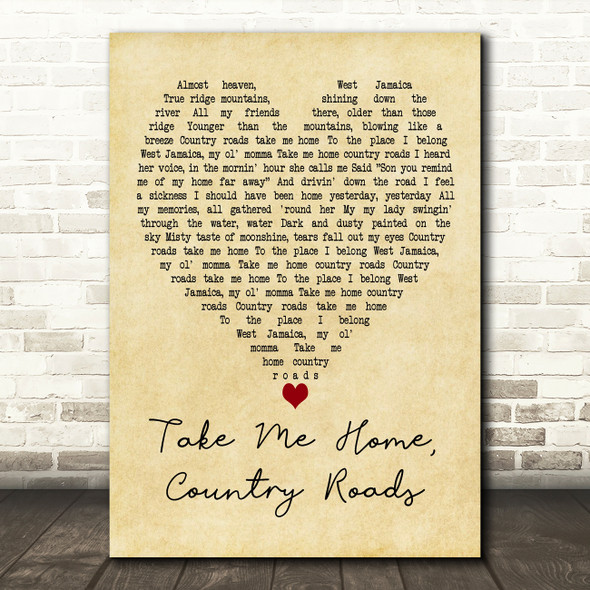 Toots And The Maytals Take Me Home, Country Roads Vintage Heart Gift Song Lyric Print