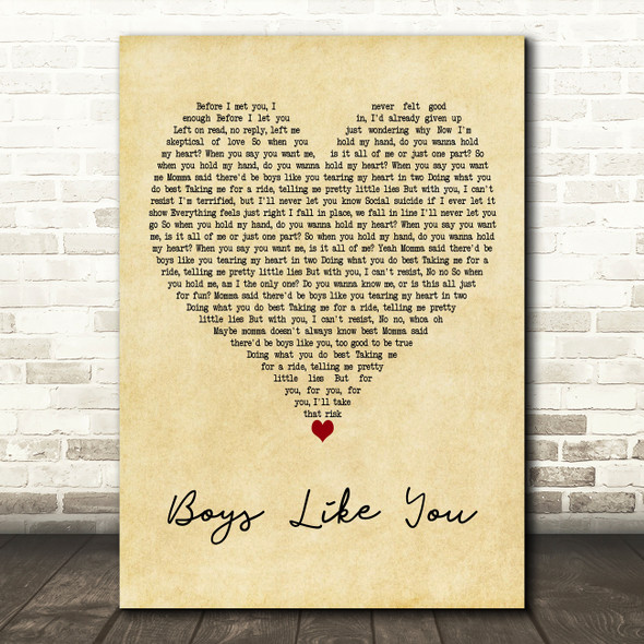 Anna Clendening Boys Like You Vintage Heart Decorative Wall Art Gift Song Lyric Print