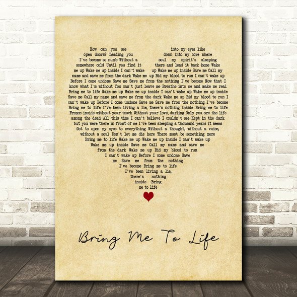 Evanescence Bring Me To Life Vintage Heart Decorative Wall Art Gift Song Lyric Print