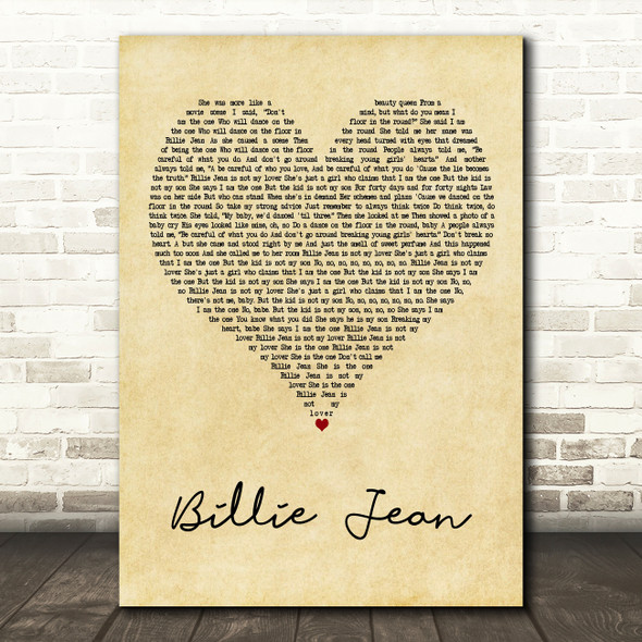 Michael Jackson Billie Jean Vintage Heart Decorative Wall Art Gift Song Lyric Print