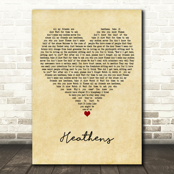 Twenty One Pilots Heathens Vintage Heart Decorative Wall Art Gift Song Lyric Print