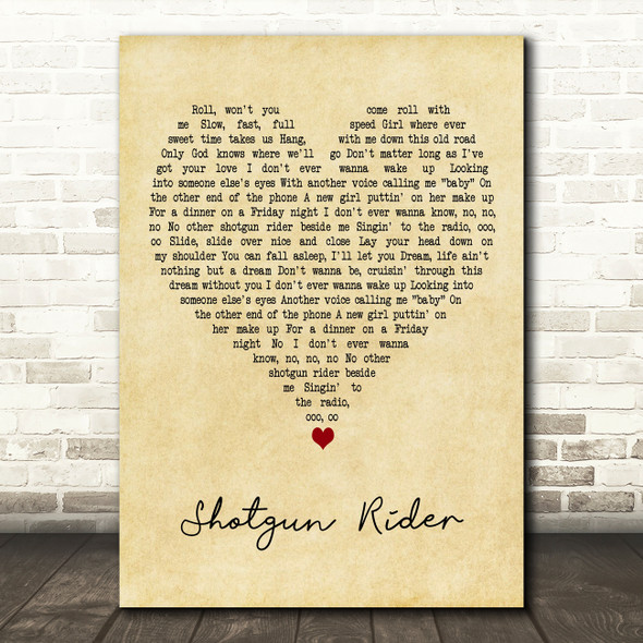 Tim McGraw Shotgun Rider Vintage Heart Decorative Wall Art Gift Song Lyric Print