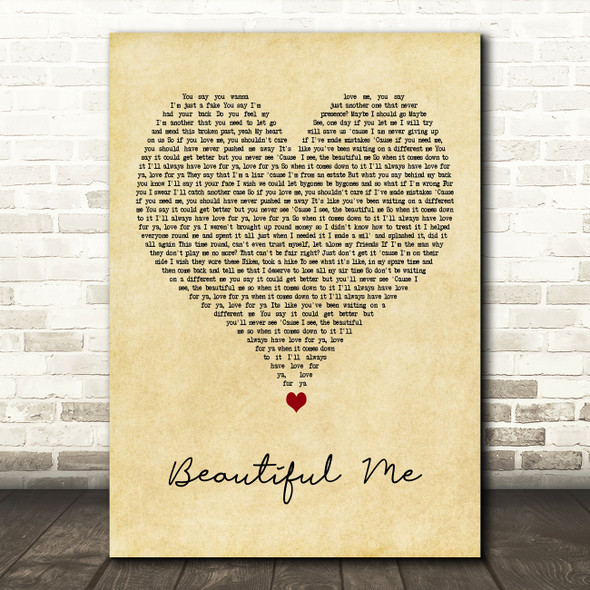 Dappy Beautiful Me Vintage Heart Decorative Wall Art Gift Song Lyric Print