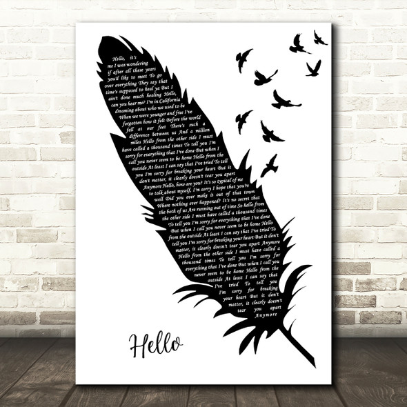 Adele Hello Black & White Feather & Birds Decorative Wall Art Gift Song Lyric Print