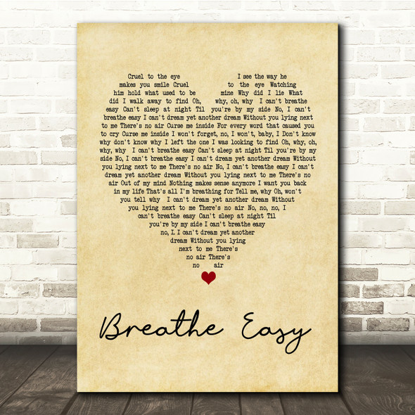 Blue Breathe Easy Vintage Heart Song Lyric Quote Print