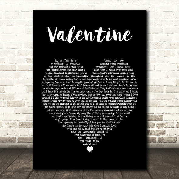Atlas Valentine Black Heart Decorative Wall Art Gift Song Lyric Print